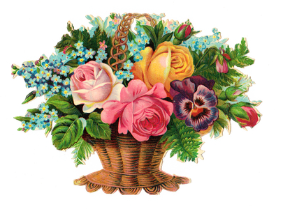 A Victorian Floral Paper Scrap Relief of roses,pansies and forget-me-nots in a wicker basket, c.1880 (colour litho)