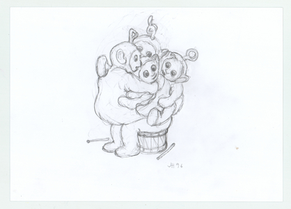 Drum Statue,Tubbies sitting on a drum, 1995 (pencil)
