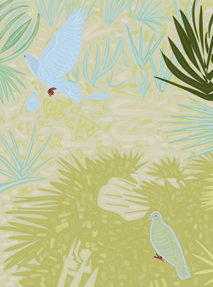 Pigeons in Barcelona Park., 2025 (digital art)