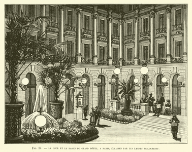 La Cour Et Le Bassin Du Grand Hotel, A Paris, Eclaires Par Les Lampes Jablochkoff (engraving)