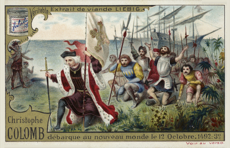 Christopher Columbus disembarks in the New World, 12 October 1492 (chromolitho)