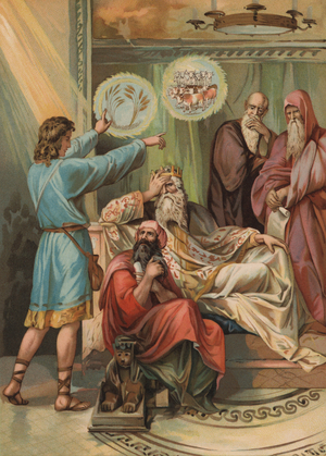 Joseph interpreting Pharaoh's dream of seven years of famine (colour litho)