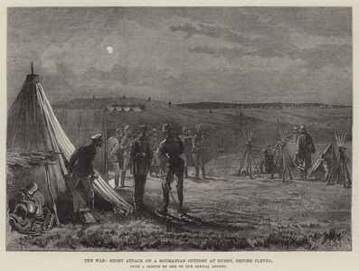 The War, Night Attack on a Roumanian Outpost at Ruben, before Plevna (engraving)
