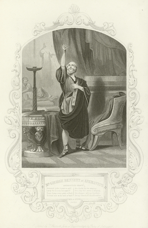 Mr George Bennett as Apemantus, Apemantus' grace, Timon of Athens, Act I, scene ii (engraving)
