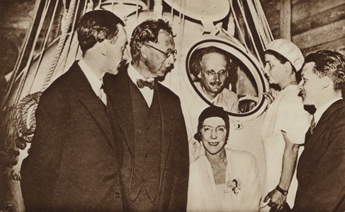 King Albert I and Queen Elisabeth of Belgium visiting Swiss balloonist Auguste Piccard, 18 August 1932 (b/w photo)