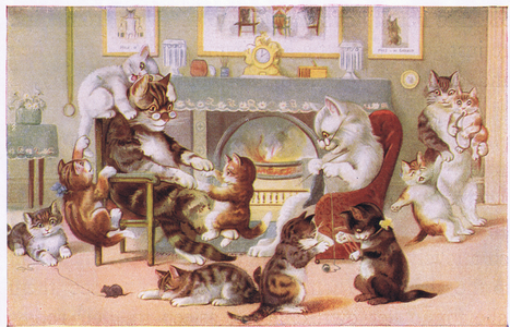Auntie's cosy sitting room, illustration from 'Tommy, Tinker and Tip-Toes (A tale of three little kittens) ', 1920 (colour litho)
