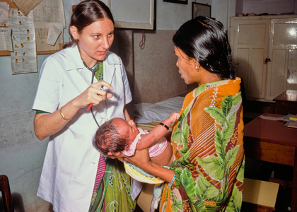 Patients and nurses at pediatric clinic at CMC Hospital, Vellore, Tamil Nadu, South India (photo)