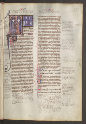 Full page: text and historiated initial: a physician feeling a patient's pulse