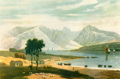 View of The Isle of Arran, Firth of Clyde, Scotland, from Ardrossan in 1820. After the aquatint by William Daniell.  From The Story of Scotland, published 1942.