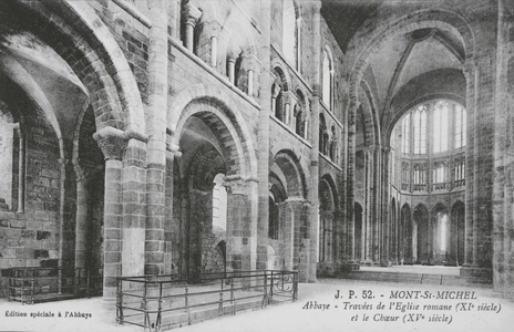 Abbaye du Mont Saint-Michel: Abbaye, Travees de l'Eglise romane, XIe siecle, et le Choeur, XVe siecle (b/w photo)