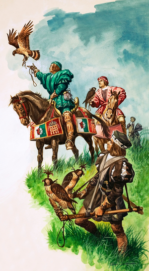 King Henry VII releasing his falcon while hunting (gouache on paper)
