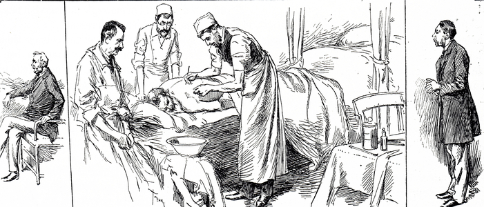 A surgeon removing a bullet from a patient
