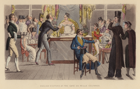 English Visitors at the Cafe de Mille Colonnes (coloured engraving)
