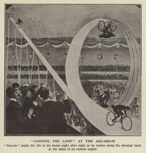 Trick cyclist 'Diavolo' performing a loop the loop at the Royal Aquarium, London (b/w photo)