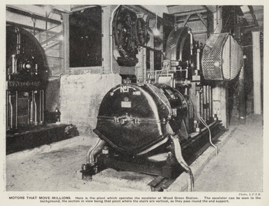 Plant that operates the escalator at Wood Green Station on the Piccadilly Line of the London Underground (b/w photo)