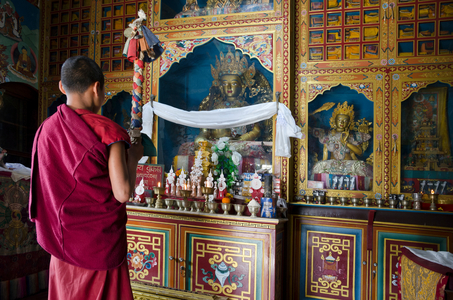 Young novice monk performing puja at Tibetan Buddhist monastery shrine, 
Whochen Thokjay Choyaling monastery, Swayambhu (aka. Monkey Temple) complex, Kathmandu, Nepal (photo)