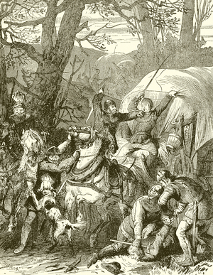 Mediaeval Customs. Robber Knights attacking a Merchant Caravan (engraving)