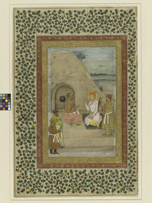 Emperor Akbar and Gosain Jadrup, folio from the St. Petersburg Muraqqa’, c.1625-30 (opaque w/c & gold on paper)