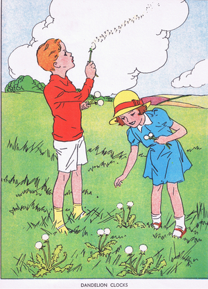 Dandelion clocks, from Jolly Days in the Country published by Blackie & Son Ltd, 1949 (colour litho)