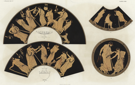 Greek figures with dogs and wearing cloaks (colour litho)