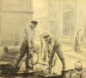 Road-work in Moscow, 1950s (w/c on paper)