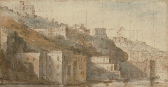 View of Mergellina on the Bay of Naples, with Capodimonte beyond (red and blue chalk, pen and brown ink, watercolor, squared in red and black chalk)