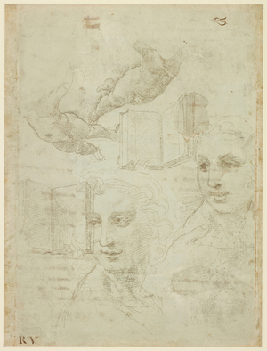 Recto: Two Heads and other Studies. Verso: Rough draft of the Sonnet 'Come non podde dir', WA1846.188 (silverpoint on a greenish-grey preparation on off-white paper, pen & brown ink)