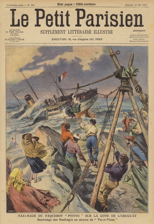 Rescue of victims of the wreck of the French steamer Poitou off the coast of Uruguay (colour litho)