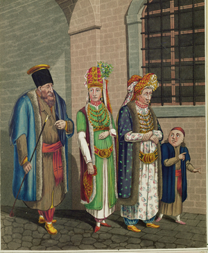 A family of Turkish jews, wearing their typical costumes …
