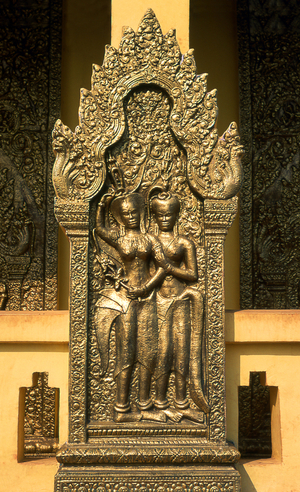 Cambodia: Apsara (celestial nymph) bas-relief, Wat Phnom, Phnom Penh (photo)