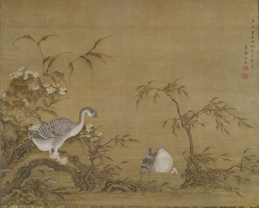 Geese on a Riverbank, Qing dynasty (1644-1911), 1750 (hanging scroll, ink & colour on silk)