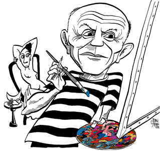 Pablo Picasso (with demoiselle), caricature by John Minnion