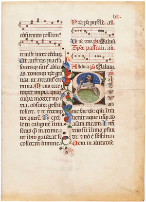 The Psalmist in the Sea, initial 'S' on a leaf from an illuminated noted Breviary, Bologna or Ferrara, c.1440 (ink & colour on vellum)