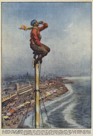 In Atlantic City, a young American, after sitting on the summit for sixteen days  (colour litho)
