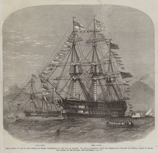 The Coming of Age of the Prince of Wales celebrated in the Bay of Naples, His Royal Highness, with the Prince and Princess of Prussia, going on Board the London, on the 9th Inst (engraving)
