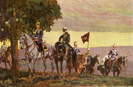 Kaiser Wilhelm II of Germany on army manoeuvres (colour litho)