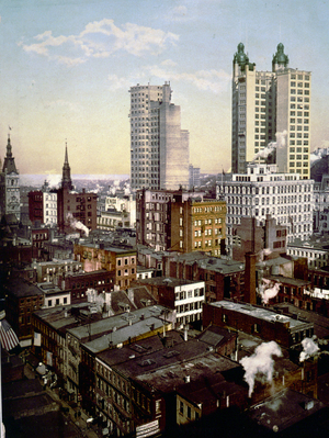 Skyscrapers including the Saint Paul Building, in New York City in 1901. photomechanical print or photochrom, colour.