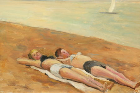 Girls on the Beach on the Baltic Sea, 1950s (oil on card)