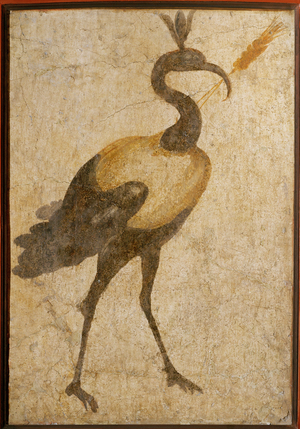 Ibis, the sacred bird of the Isis-cult, with lotus flowers on its head and ears of corn in its beak