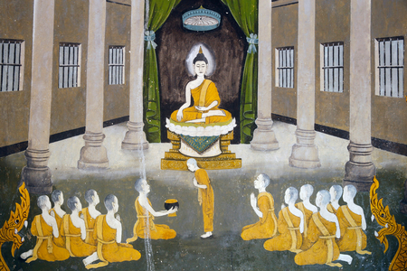 Fresco depicting a scene of the Buddha's life in Wat Phra Doi Suthep, Chiang Mai. Buddha with his sangha. Thailand (photo)