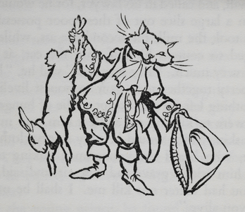 Puss in Boots holding a hat and a rabbit.