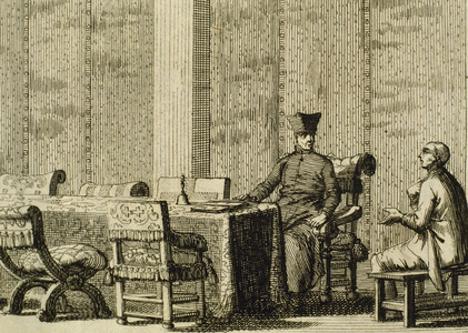 Inquisition. Inquisitor questioning a defendant (engraving)