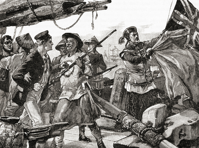 Chinese officers hauling down the British flag on board The Arrow at the outbreak of the Second Opium War, 1856.