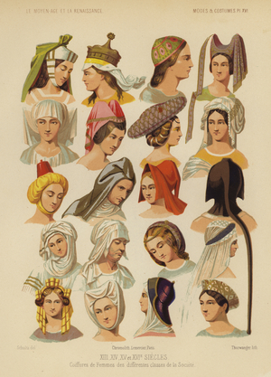Women's hats and headdresses, 13th-16th Century (chromolitho)