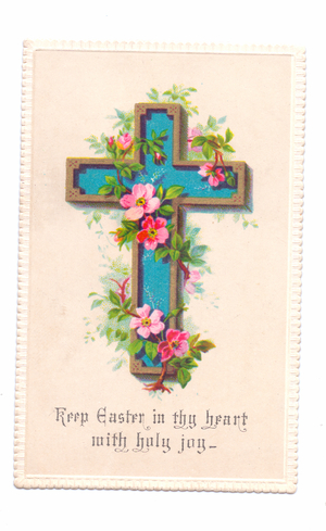 A Victorian religious Easter card of a cross decorated with almond blossom, c.1880 (colour litho)