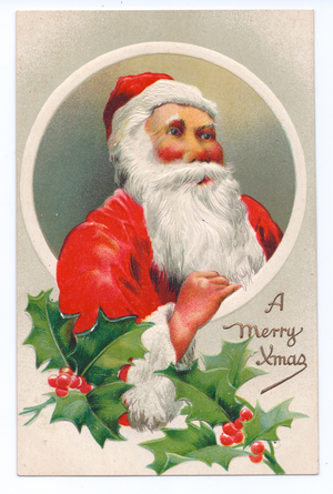 Edwardian Christmas postcard of Father Christmas and two sprigs of holly, c.1910 (colour litho)