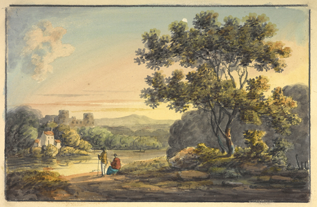 A watercolour of a landscape.