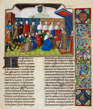 Charles VI in council at Amiens. Floral border with coat of arms.