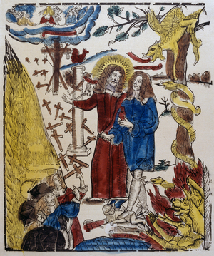 Coloured woodblock illustration showing figures representing Vice and Virtue.