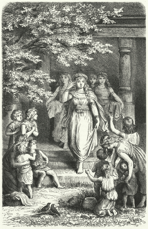 Young German women wearing wreaths to celebrate the festival of Eostre (Ostara) (engraving)